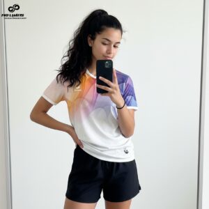 Áo Thể Thao Nữ Trắng Họa Tiết Gradient Cam Tím Xanh - Năng Động Và Cá Tính